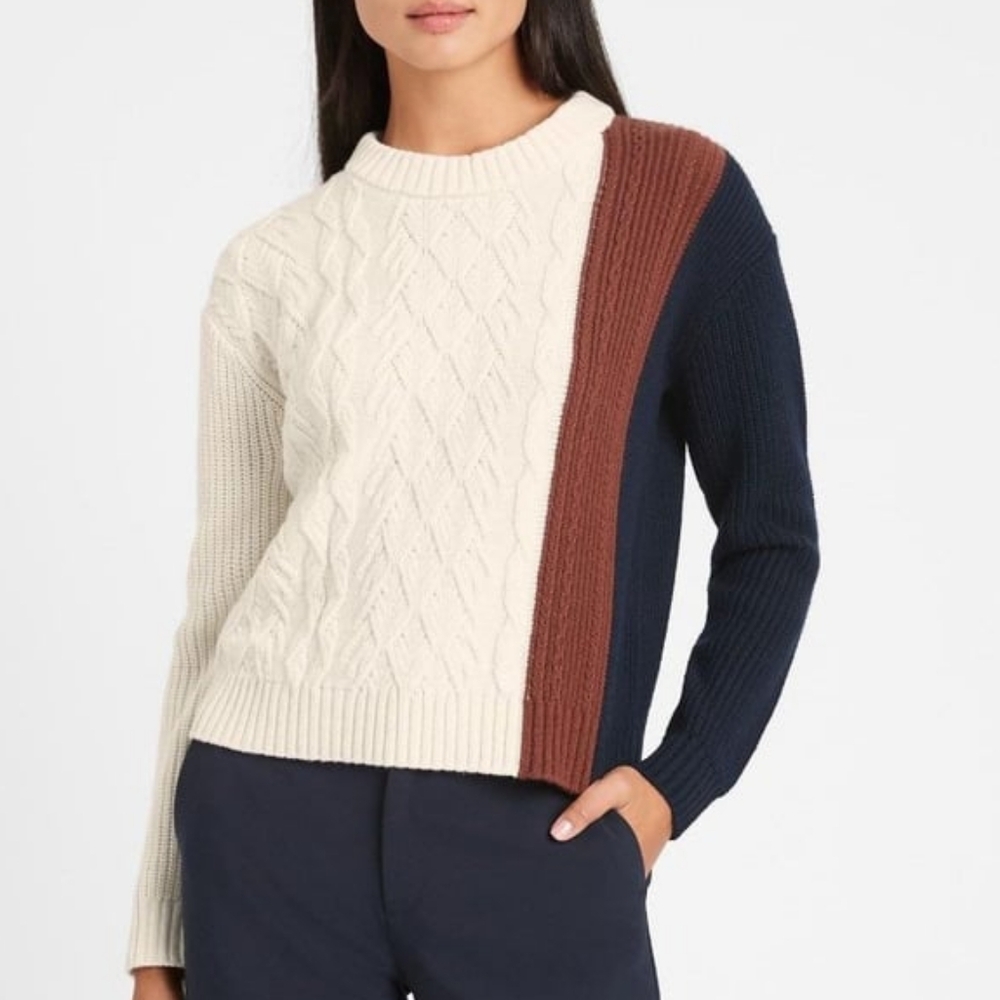 Banana Republic Cableknit Cropped Sweater, Cream, Navy, Brown, Size XL